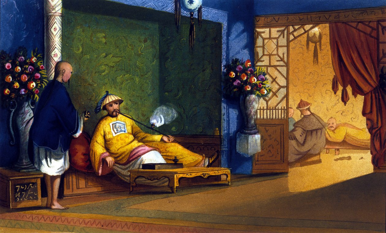 Opiumsfyring i Kina, gravering rundt 1830. av Unknown artist