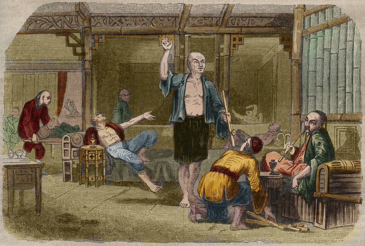Opiumsrøykere i Kina på midten av 1800-tallet. Gravering fra 1857 i "" Le Musee Des Sciences"" av Unknown artist
