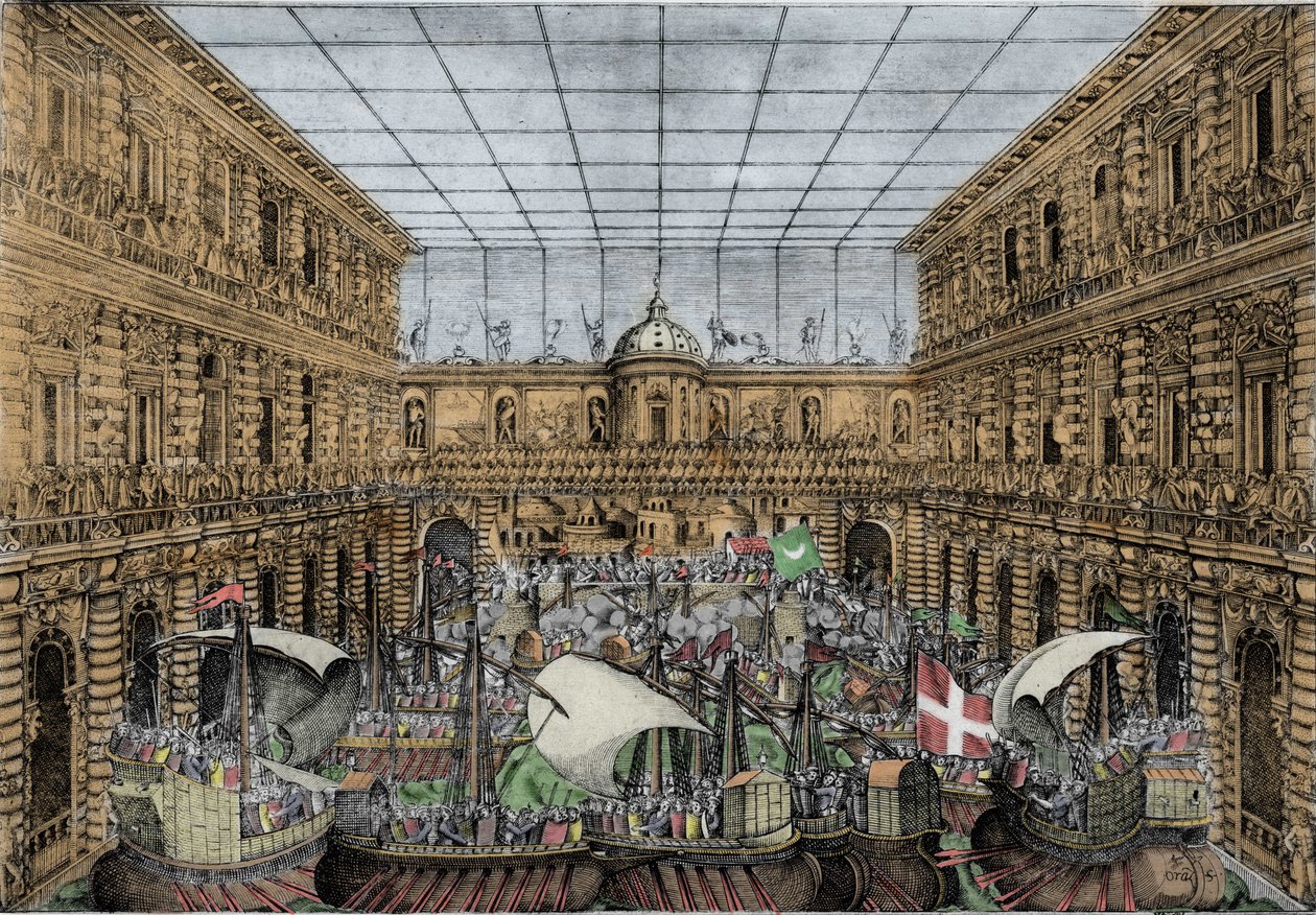 Orazio Scarabelli, Naval Battle Show (naumachia) reiser seg i gårdsplassen til Palazzo Pitti i Firenze (Royal Palace of the Medici-familien, Grand Dukes of Toscana) Naumachia i gårdsplassen til Palazzo Pitti, Firenze av Unknown artist