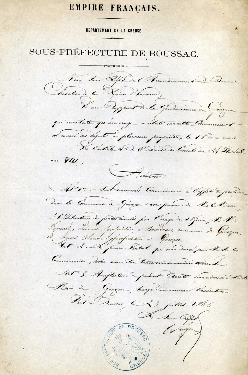 Orden fra underprefekturet Creuse (Arrondissement of Boussac) av 23. juli av Unknown artist