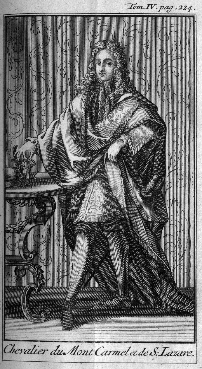 Orders of Chivalry. Knight of Mount Carmel and Saint Lazarus in France in the 17th century. In “” History of military orders or knights, of the seculiere and regular militias of both sex, which have been established until now. Edition taken from Abbe Giust av Unknown artist
