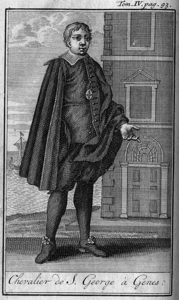 Ridderordener. Ridder av Saint George a Genes (Genova italia Italia) I "" Historien om militære ordener eller riddere, om sikre og rutinemessige militser av begge kjønn, som har blitt etablert så langt. Utgave hentet fra Abbe Giustiniani, R.P.Bonani, M. av Unknown artist