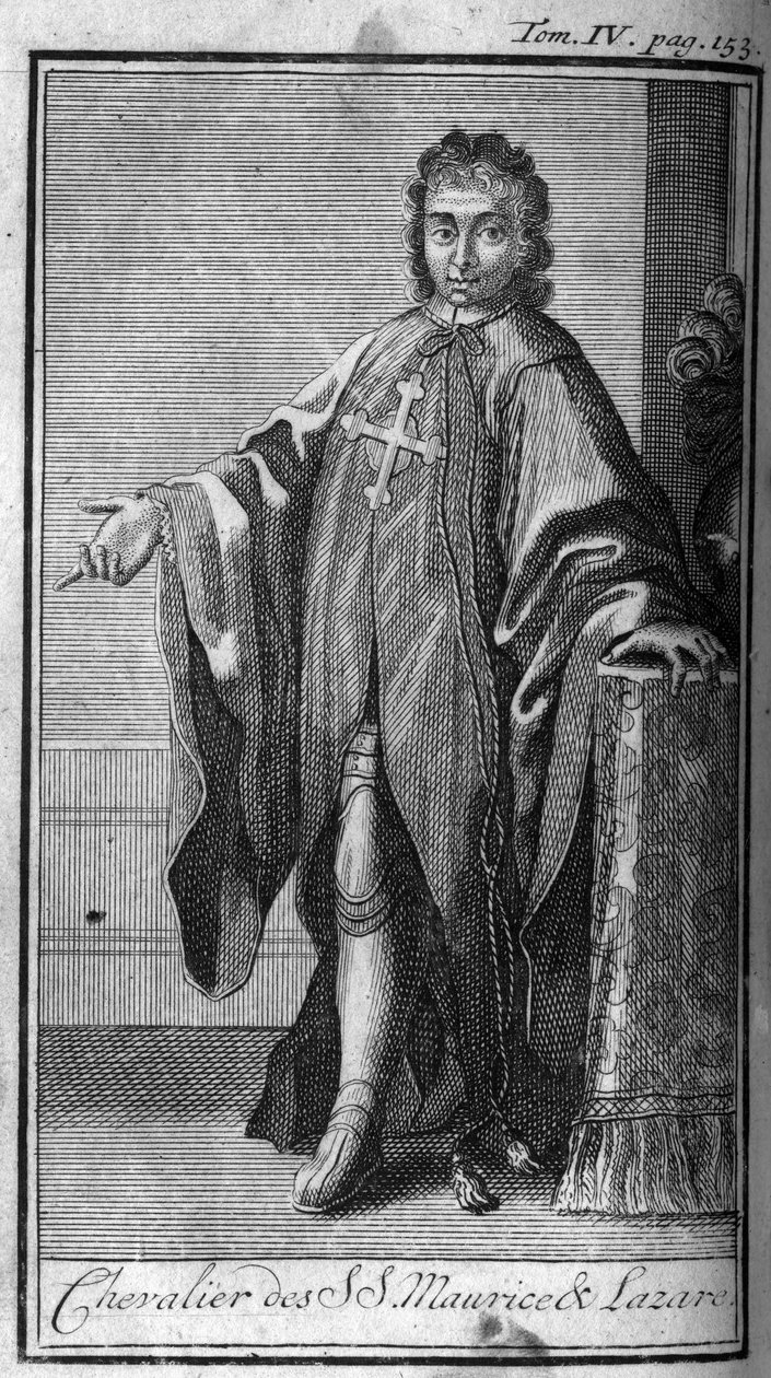Ridderordener. Ridder av Saint Maurice og Lazarus i Savoy på 1500-tallet. I "" Historien om militære ordener eller riddere, av seculieres og faste militser av begge kjønn, som har blitt etablert så langt. Utgave hentet fra Abbe Giustinian av Unknown artist