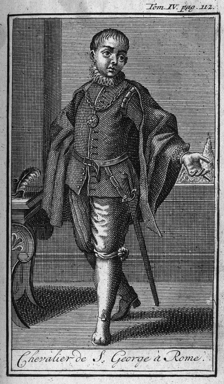 Ridderordener. Ridder av St. Georg i Roma i Italia på 1400-tallet. I "" Historien om militære ordrer eller riddere, om sikre og rutinemessige militser av begge kjønn, som har blitt etablert frem til i dag. Utgave hentet fra Abbe Giustiniani, av Unknown artist