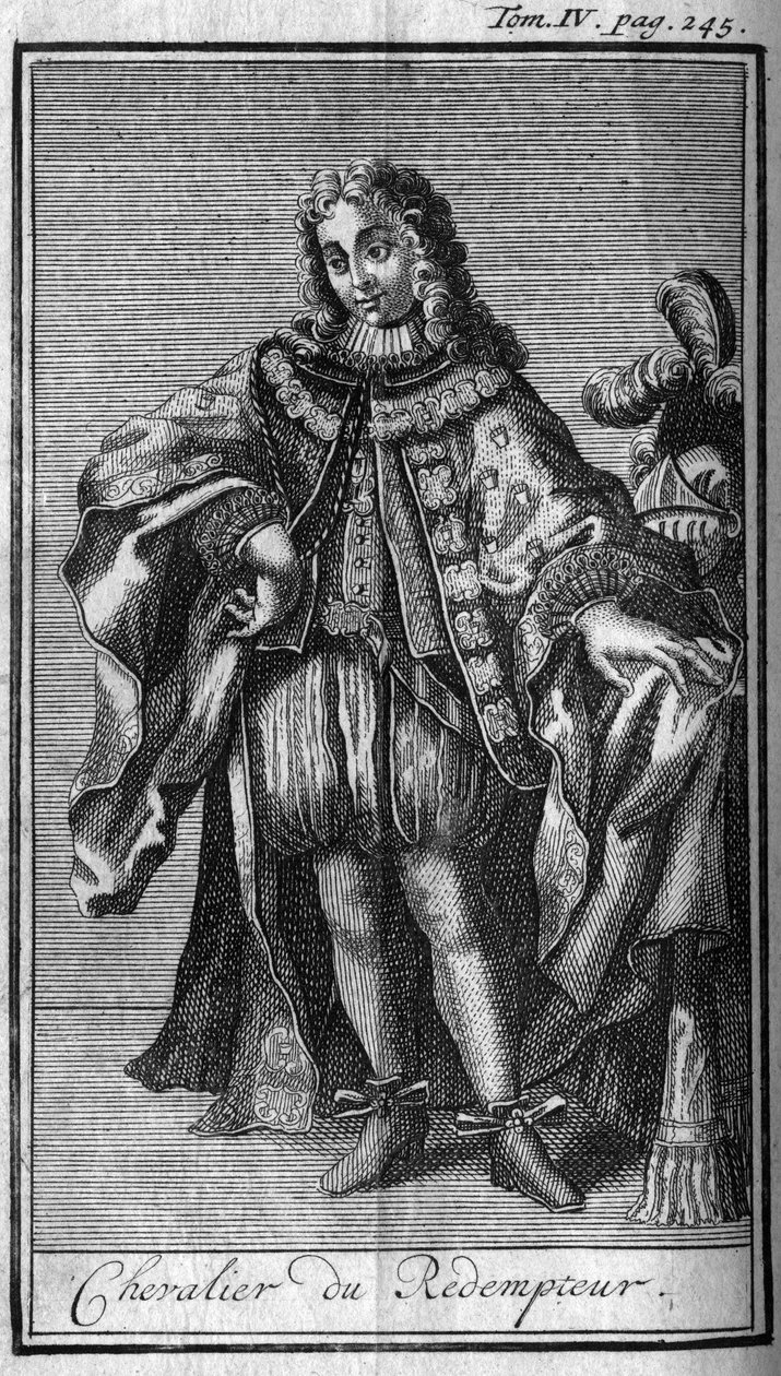 Ridderordener. Ridder av Forløseren eller Jesu dyrebare blod i hertugen av Mantua (Mantova) på 1600-tallet. I "" Historien om militære ordener eller riddere, om de sikre og rutinemessige militsene av begge kjønn, som har blitt etablert så langt av Unknown artist