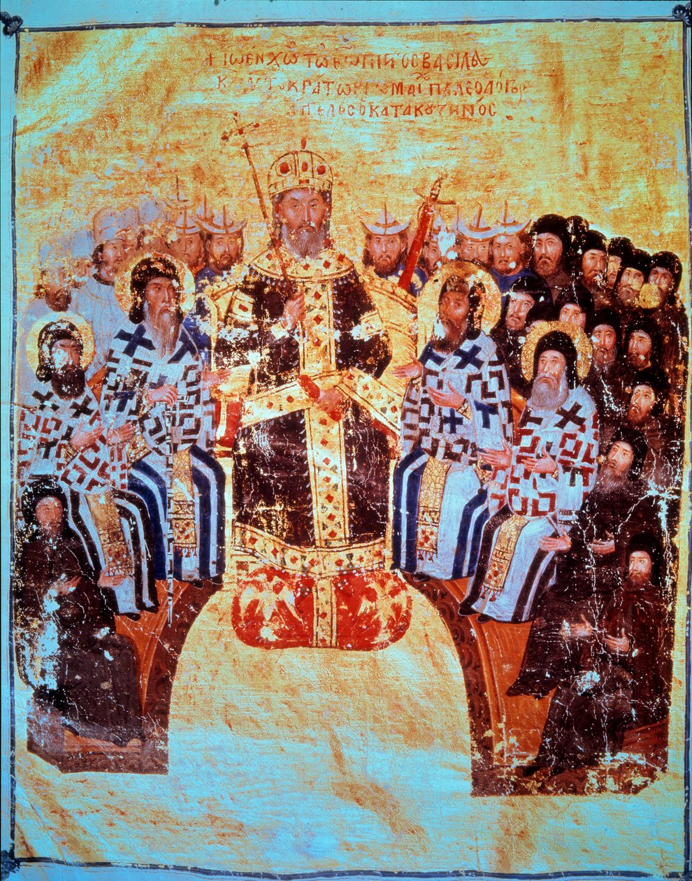 Ortodokse religion: "" Den bysantinske keiseren John VI Cantacuzene (1293-1354) som presiderer over rådet i Konstantinopel av 18/05/1351"" Miniatyr hentet fra "" Theological Works"" 1370-1375 Paris, B.N. av Unknown artist