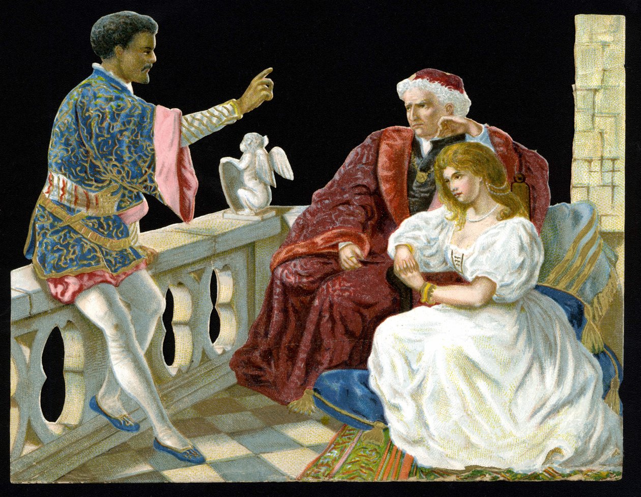 Othello, Desdemone and Iago - in Othello or the Moor of Venice”” by Shakespeare (1604). Chromolithography of the 19th century.”” av Unknown artist