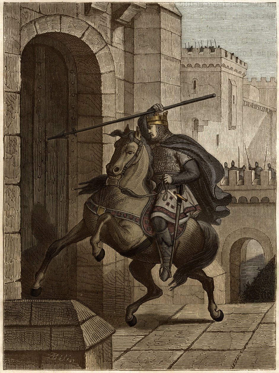 Otto II, den hellige romerske keiseren før Paris - Otton II av det hellige rike, kjent som Roux (955-983) irriterer seg over å ikke kunne trenge inn i Paris (Paris hovedkvarter, 978), går under byens murer for å plante sin spyd i døren - av Unknown artist