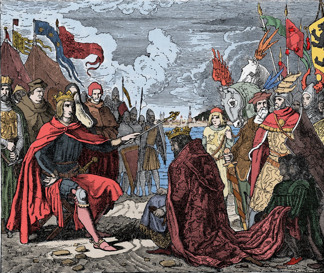 Ottokar II (1230-1278) hyllest til Rudolf I - Ottokar II (1233-1278) konge av Boheme, hyller Rodolf I av Det hellige rike (eller Rodolf IV av Habsburg) (1218-1291), etter slaget ved Marchfeld , i 1278 - av Unknown artist