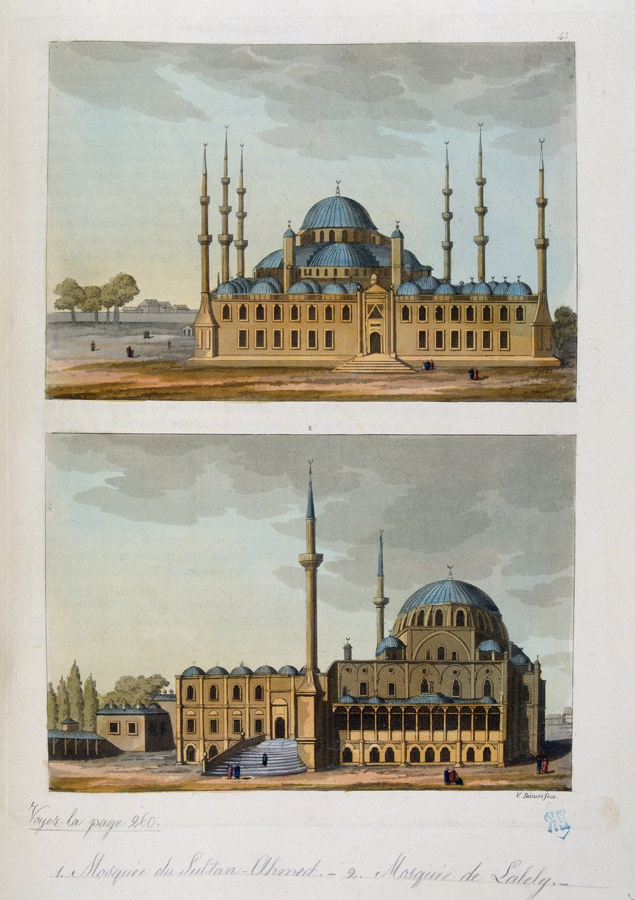Det osmanske riket: Den blå moskeen (eller Sultanahmet Camii) bygget av Sultan Ahmet (Ahmed) I og moskeen i Laleli i Istanbul - i "" Den eldgamle og moderne drakten""" av Ferrario, ed Milan av Unknown artist