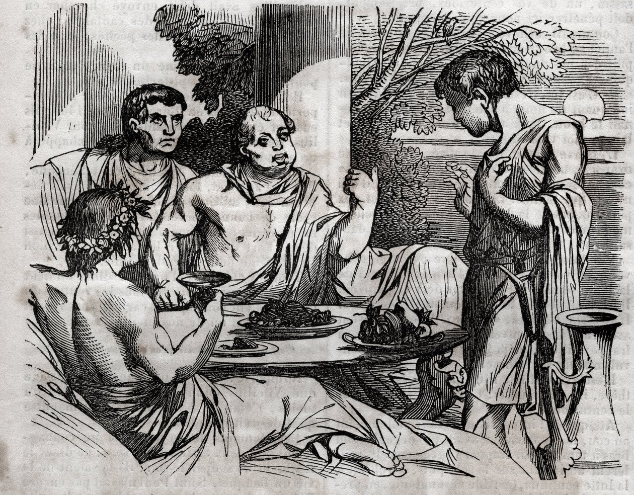 Utendørs bankettscene - Vitellius (Aulus Vitellius Germanicus Imperator Augustus) romersk keiser (15-69) gir en fest - gravering i "" The Universal Health - Medical Guide for Families"" 1852 av Unknown artist