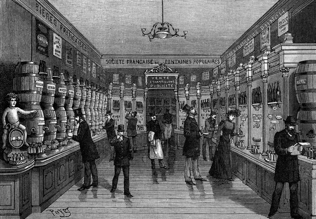 Oversikt over en bar med salgsautomater, rue Montmartre, i Paris. Gravering i "" Nature: gjennomgang av vitenskapene og deres anvendelser på kunst og industri "" av 7. november 1891. av Unknown artist