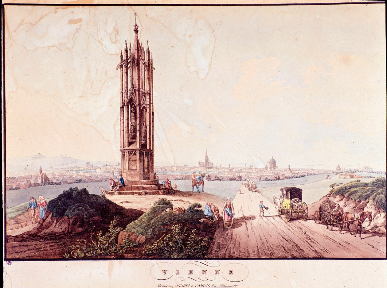 Oversikt over byen Wien med bro som krysser Donau. Østerrike Gravering fra 1800 privatsamling av Unknown artist
