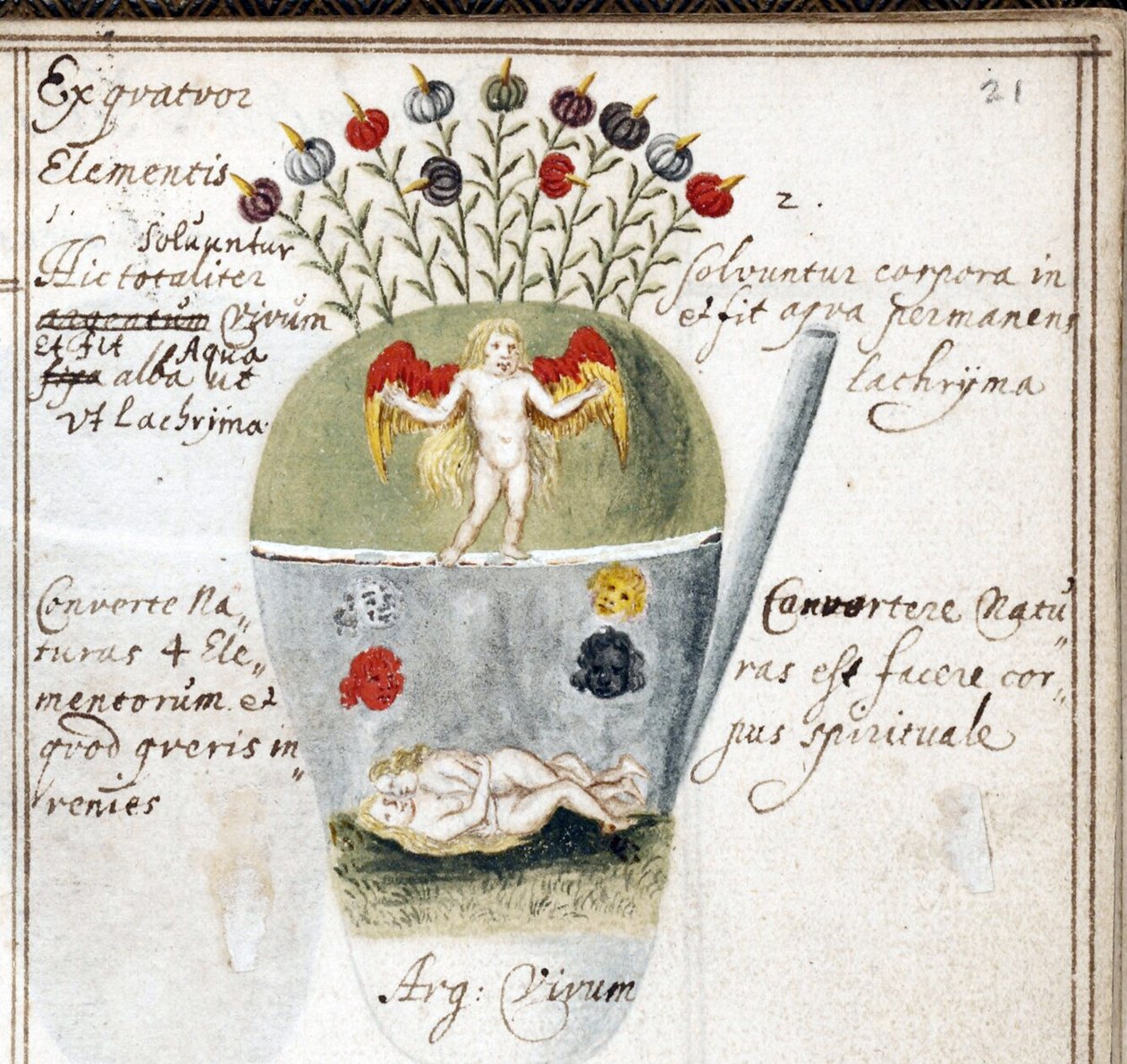 Side fra en alkyminotatbok, et par og en engel - Verk av Johann Grasshoff (Grasshof eller Grasse) (1560-1623), akvarell på pergament (14,6x10 cm), ca. 1620 - (Alkymisk notatbok, Akvarell på pergament av J. Grasshoff , ca. 1620) - Yale University, Ne av Unknown artist