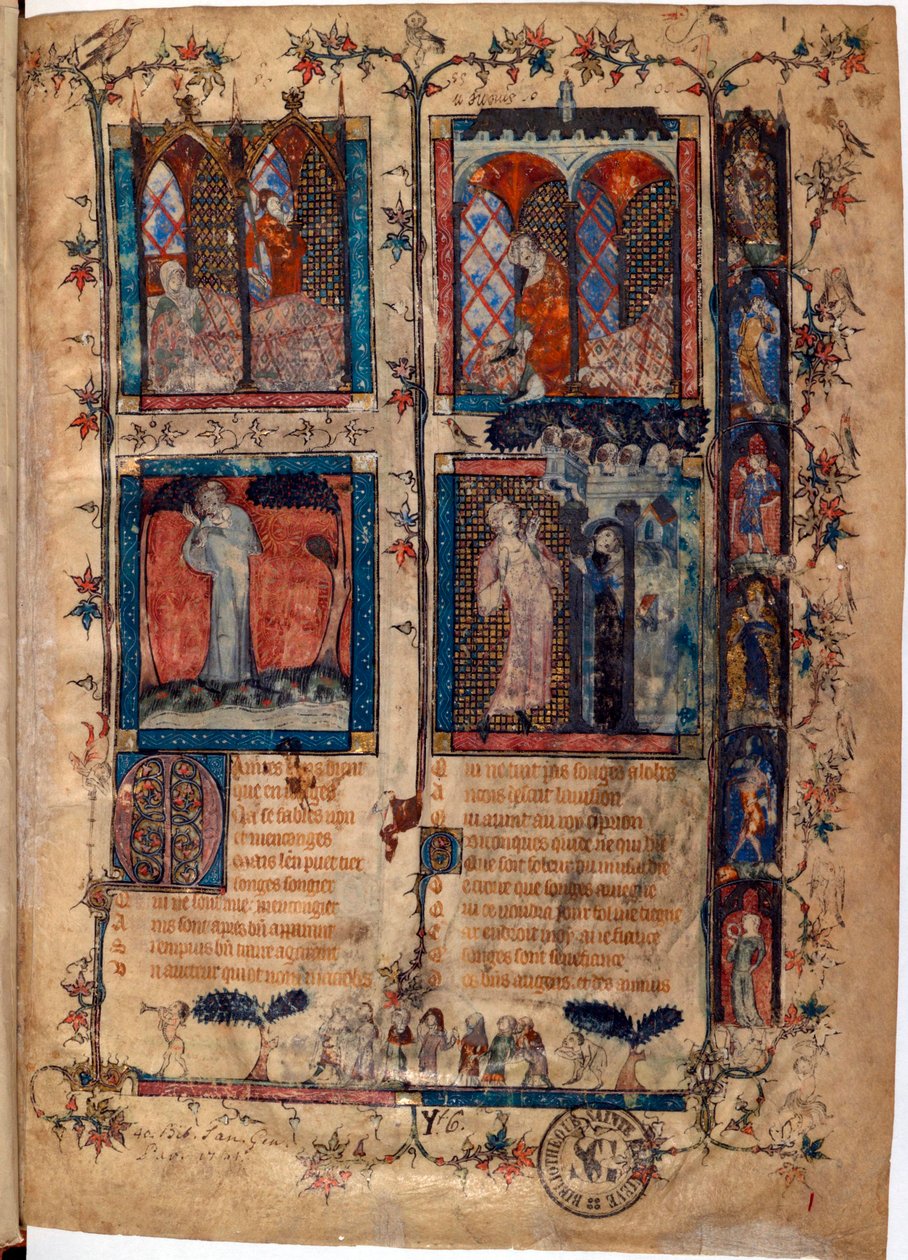 Opplyst side hentet fra manuskriptet ""Le Roman de la Rose"" av Guillaume de Lorris (ca. 1200-1238) og Jean de Meun (Meung) (1240-1305) ca. 1353 Sveits Bibliotheque de Geneve av Unknown artist