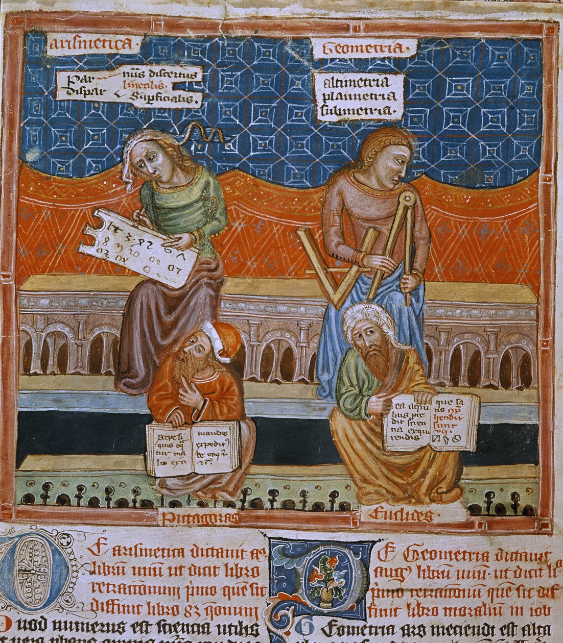 Side av et manuskript som representerer allegorier av aritmetikk og geometri (manuskript) av Unknown artist