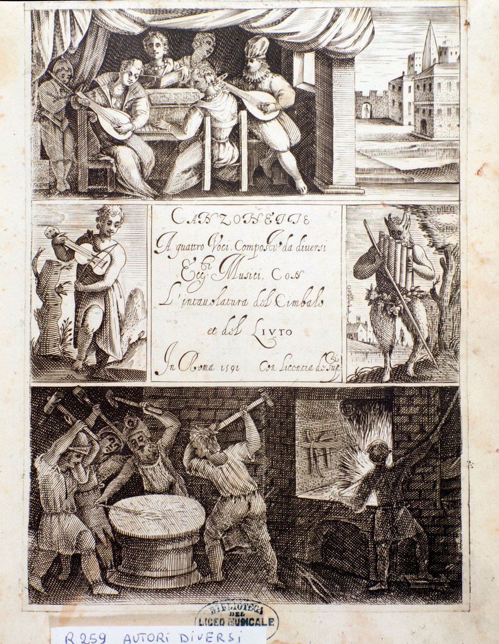 Side med illustrasjoner for forskjellige sanger (etsing av Unknown artist