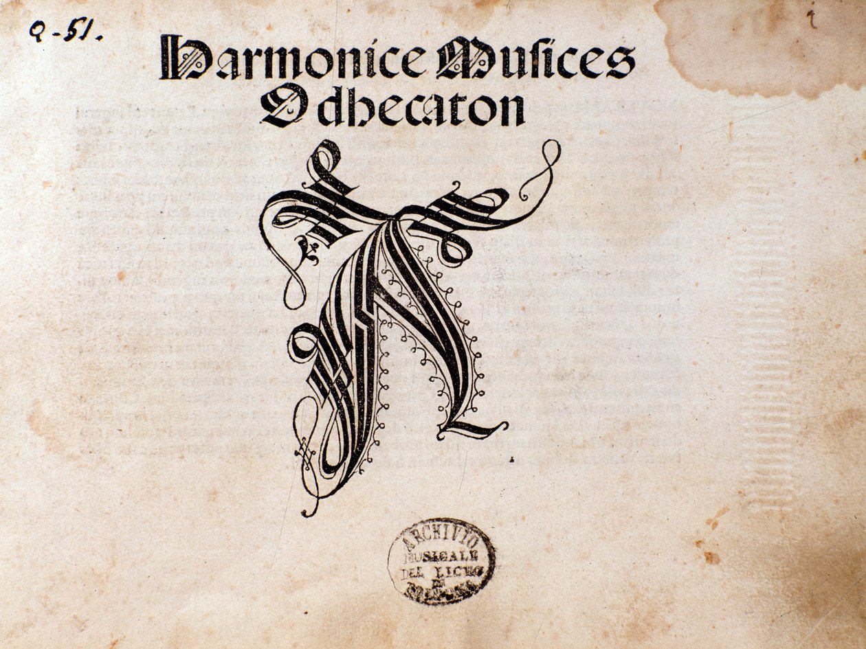 Side med musikalsk partitur av Harmonice Musices Odhecaton av Ottaviano Petrucci (1501) av Unknown artist