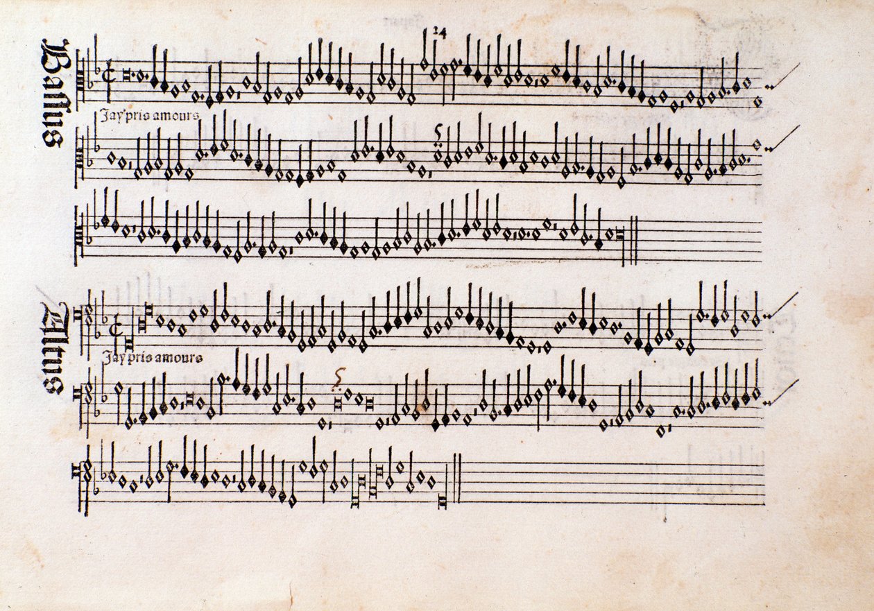 Side med musikalsk partitur av Harmonice Musices Odhecaton av Ottaviano Petrucci (1501) av Unknown artist