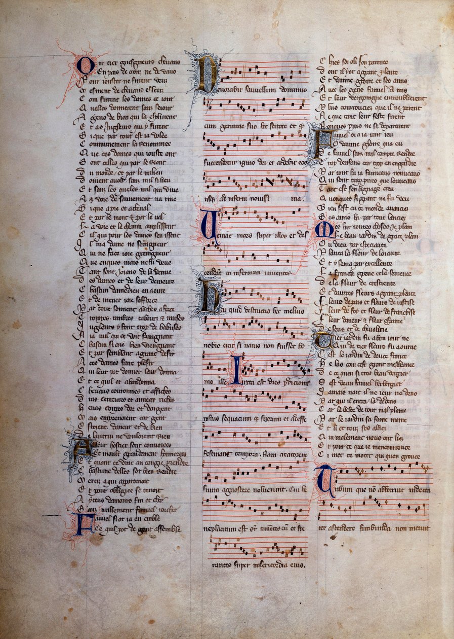 Side med sanger, tekster og musikk Miniatyr fra "" Le roman de Fauvel"" av Gervais de Bus av Unknown artist