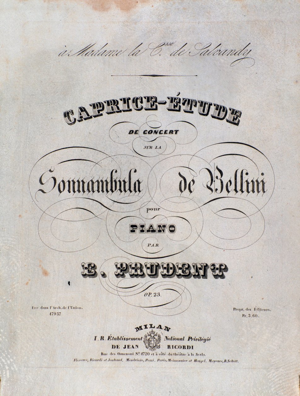 Side av notene til en Caprice-studie for piano av Emile Prudent basert på La sonnambula av Vincenzo Bellini av Unknown artist