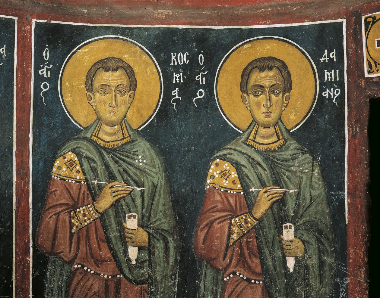 Malerier av St. Cosmas med St. Damian, Panagia Ties Asinou-kirken, Nikitart, Kypros av Unknown artist