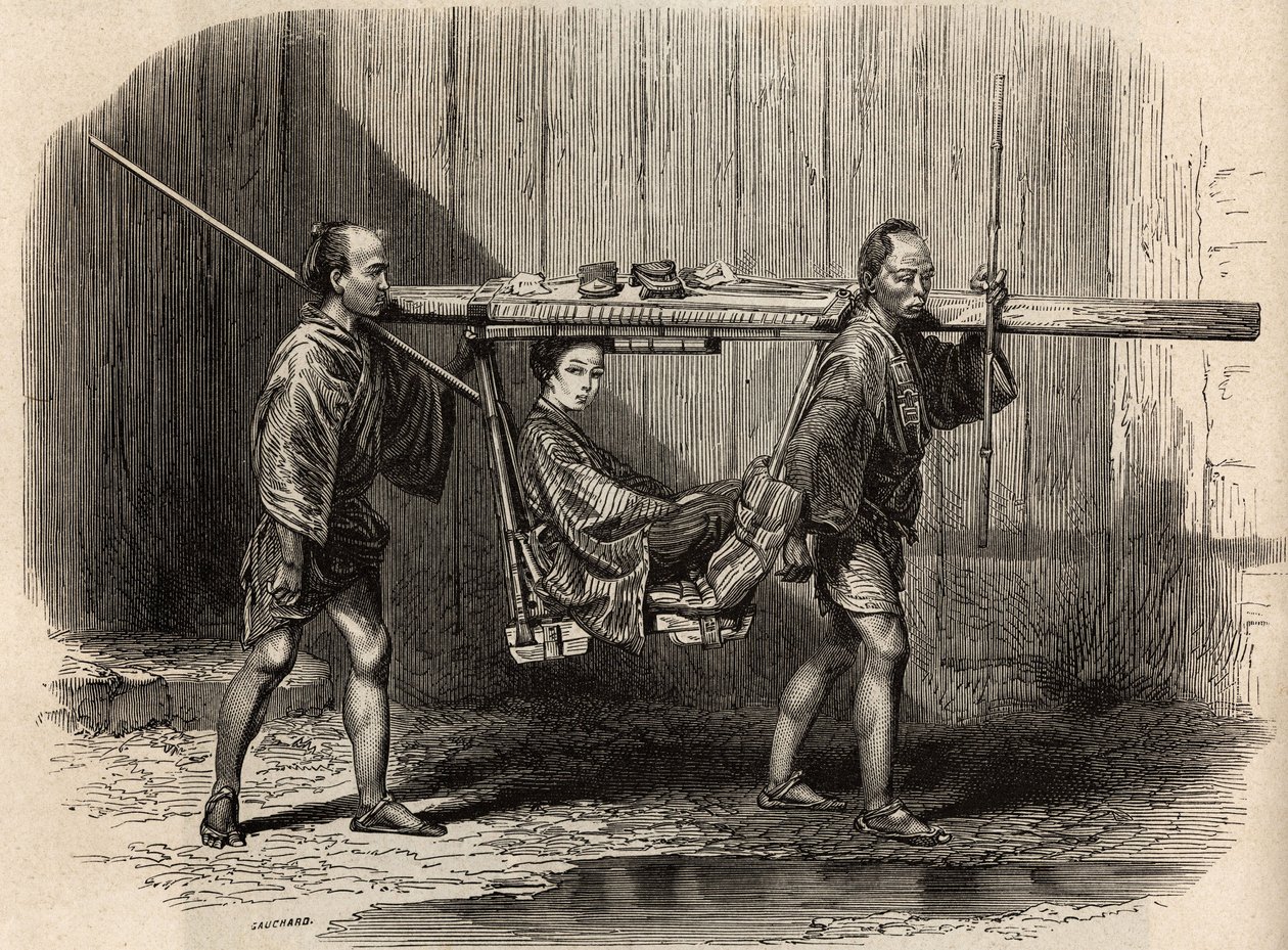 Palanquin har bruk for folket, åpent, brukeren legger eiendelene sine på taket før han setter seg inn for å gjøre sin reise. Gravering for å illustrere reisen til Japan i 1863-1864, av Aime Humbert, minister for det sveitsiske konføderasjonen, i "Le tour d av Unknown artist