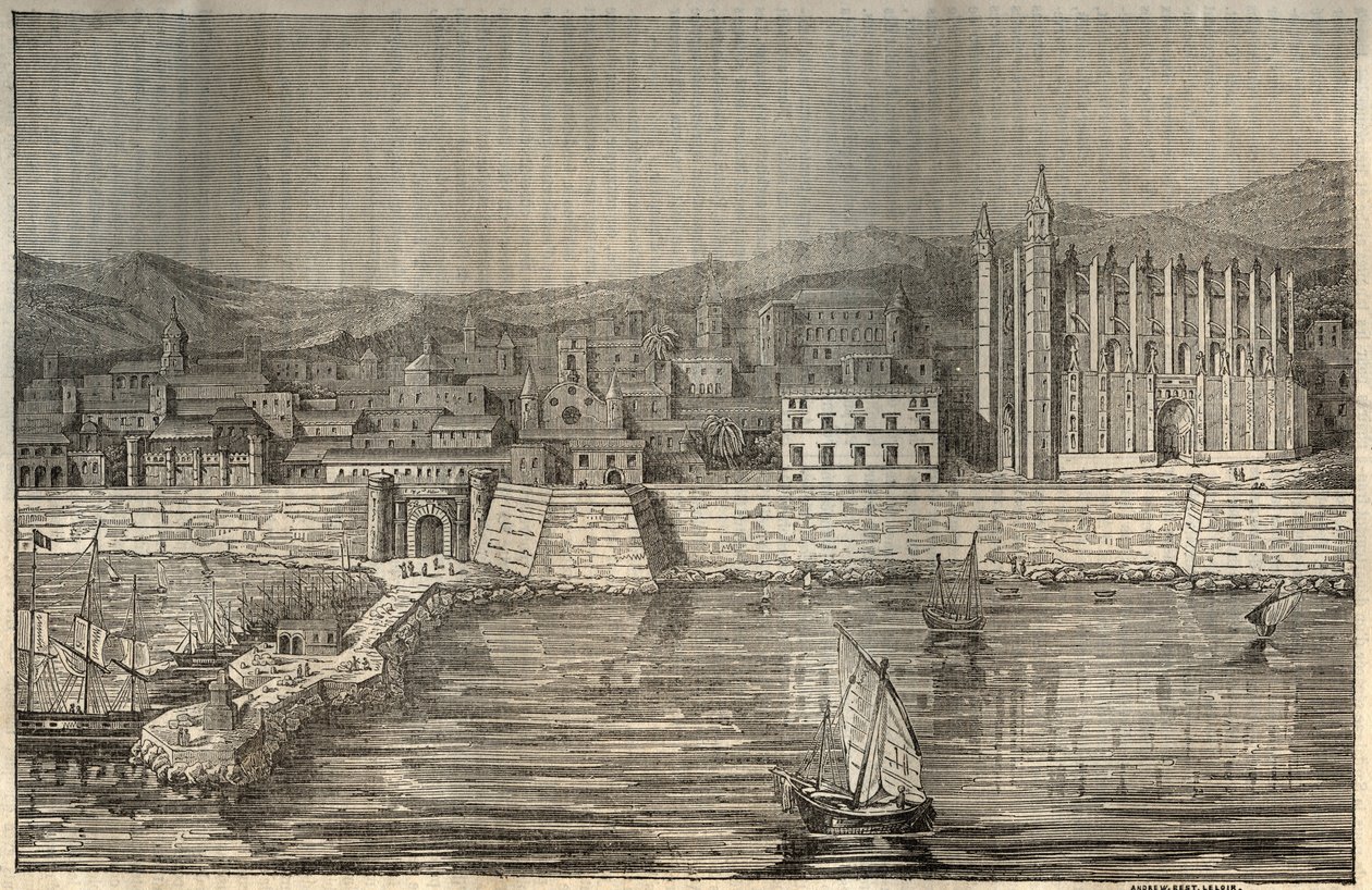 Palma de Mallorca, Mallorca (Majorca), Balearene - gravering 1837 av Unknown artist