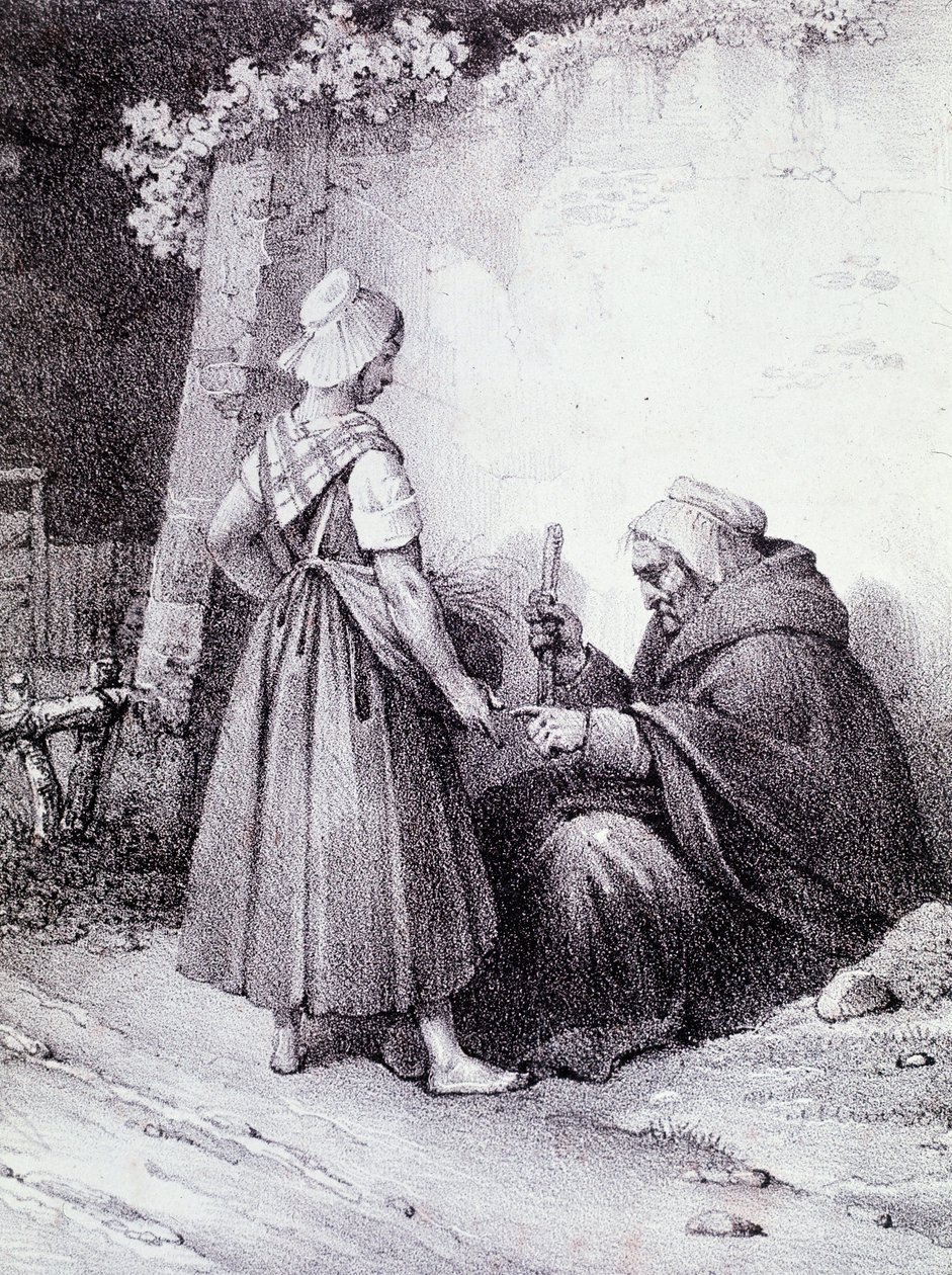 Palmistry: en gammel spåkone leser hånden til en ung jente (gravering) av Unknown artist