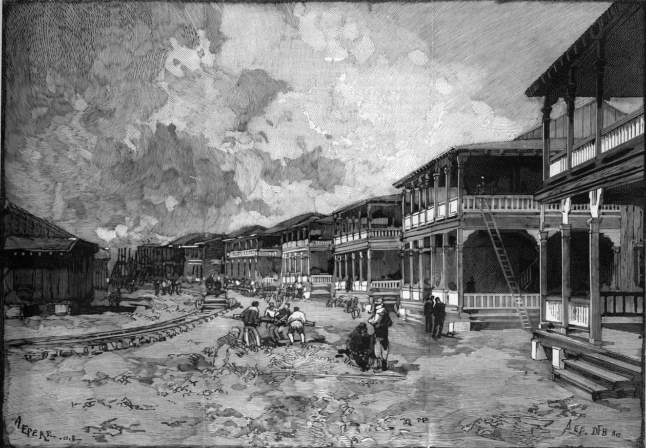 Panama Canal. Street of the new city of Christopher Columbus a Colon: workers