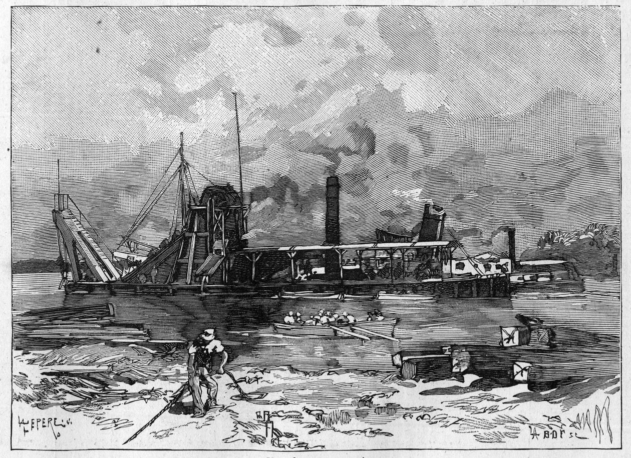 Panama Canal works. Main machines: a dredge and its valve. Engraving in “” Le Monde Illustré”” av Unknown artist