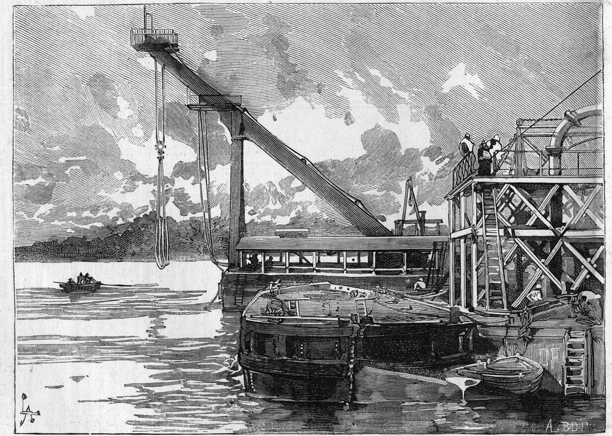 Panamakanalen fungerer. Hovedmaskiner: Bigue-pontongen. Gravering i "" Le Monde Illustré"" av Unknown artist