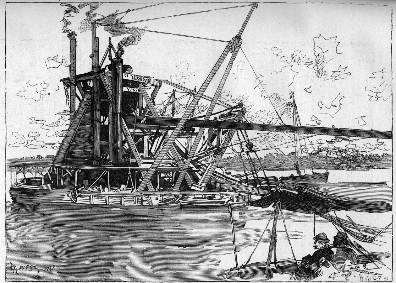 Panama Canal works. Main machines: the great American dredge. Engraving in “” Le Monde Illustré”” av Unknown artist