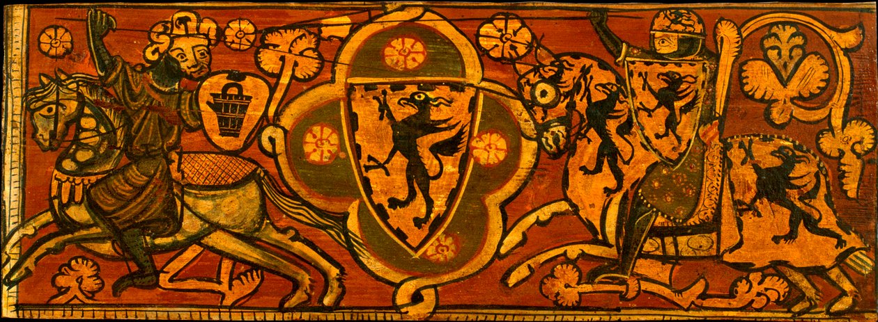 Panel som representerer en kamp mellom en kristen ridder og en muslimsk ridder - Takpanel med en kamp mellom en kristen ridder og en muslim - Anonym - ca. 1300 - Tempera på panel - 24,2x66,3 - Museu Nacional d