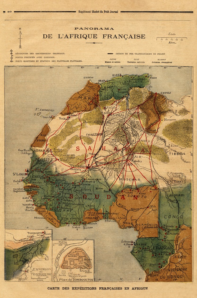 Panorama over fransk Afrika, kart over franske ekspedisjoner i Afrika. Gravering i "" Le petit journal"" 5/03/1894. Selvas samling. av Unknown artist