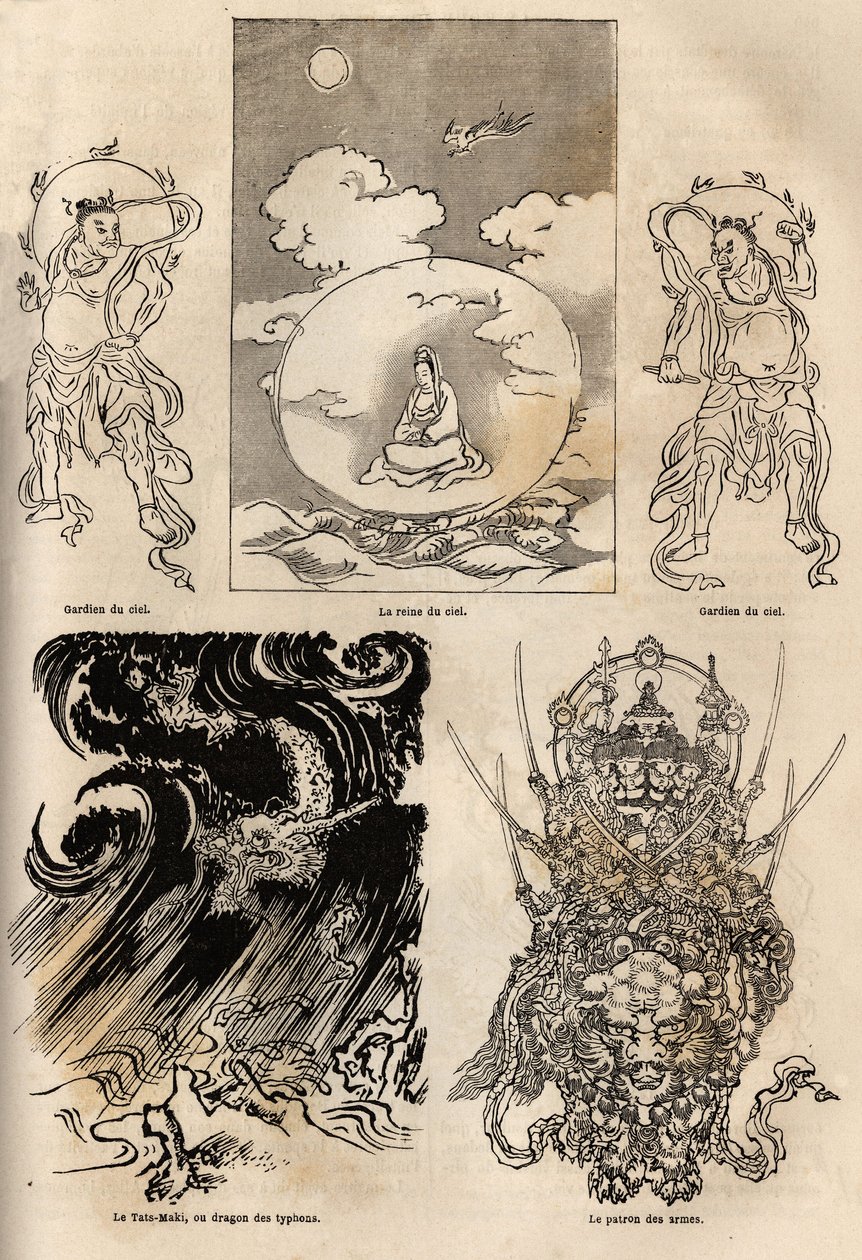 Pantheon av japanske guddommer, tradisjonell representasjon av noen typiske figurer: himmelens dronning flankert av to vakter; Maki Tats, tyfonens drage og våpensjefen. Gravering for å illustrere reisen til Japan i 1863-1864, av Aime Humbert, m. av Unknown artist