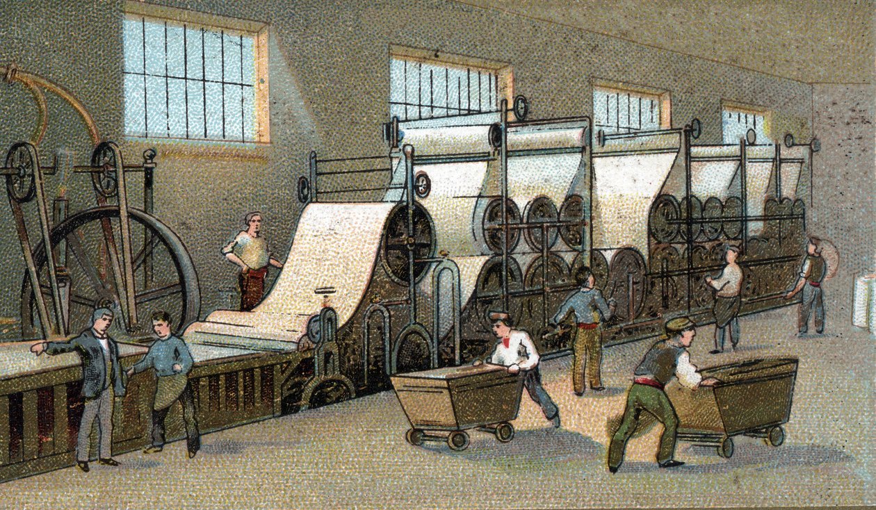 Papirproduksjon på 1800-tallet i Frankrike. Kromolitografi fra slutten av 1800-tallet av Unknown artist