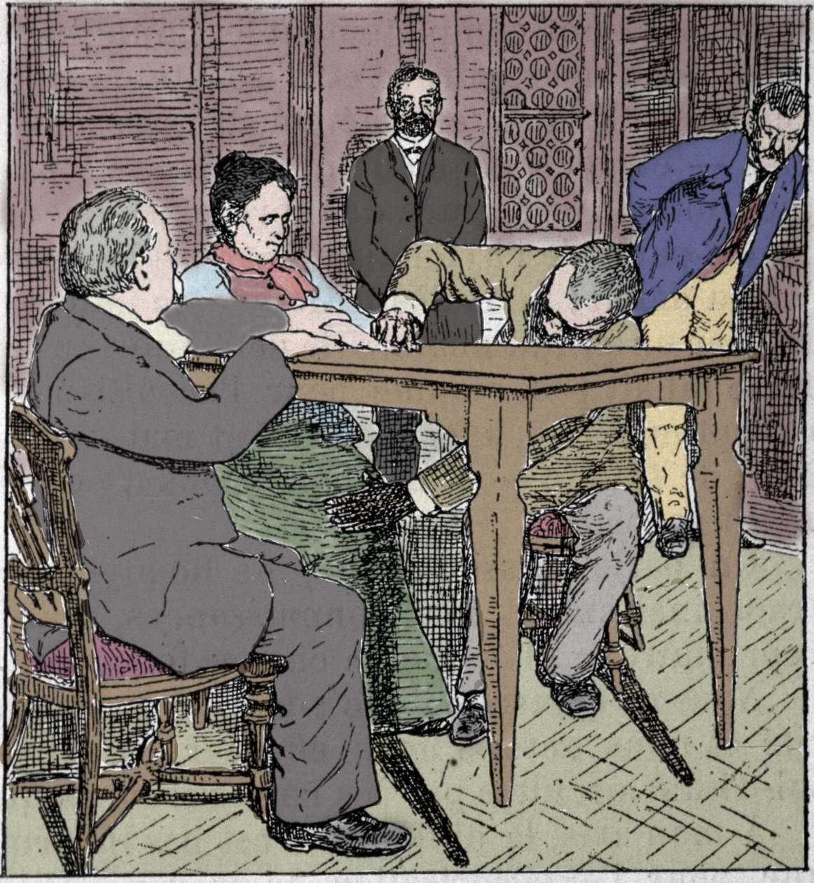 Paranormale fenomener: opplevelse av å heve et bord i Milano i 1892 i nærvær av mediet Eusapia Paladino og Cesare Lombroso (1835-1909) og Charles Richet (1835-1909). av Unknown artist