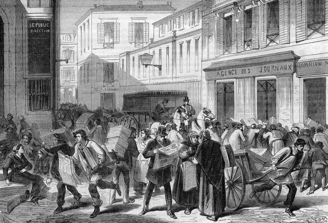 Paris 1869: the newspaper hall, rue du croissant. av Unknown artist