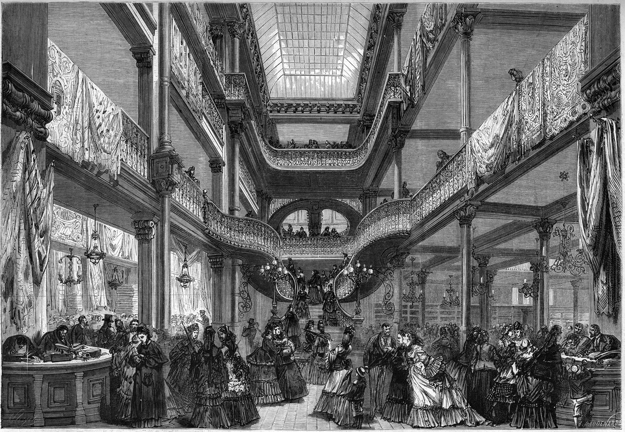 Paris 1872: interior of new shops, “” At cheap””. av Unknown artist