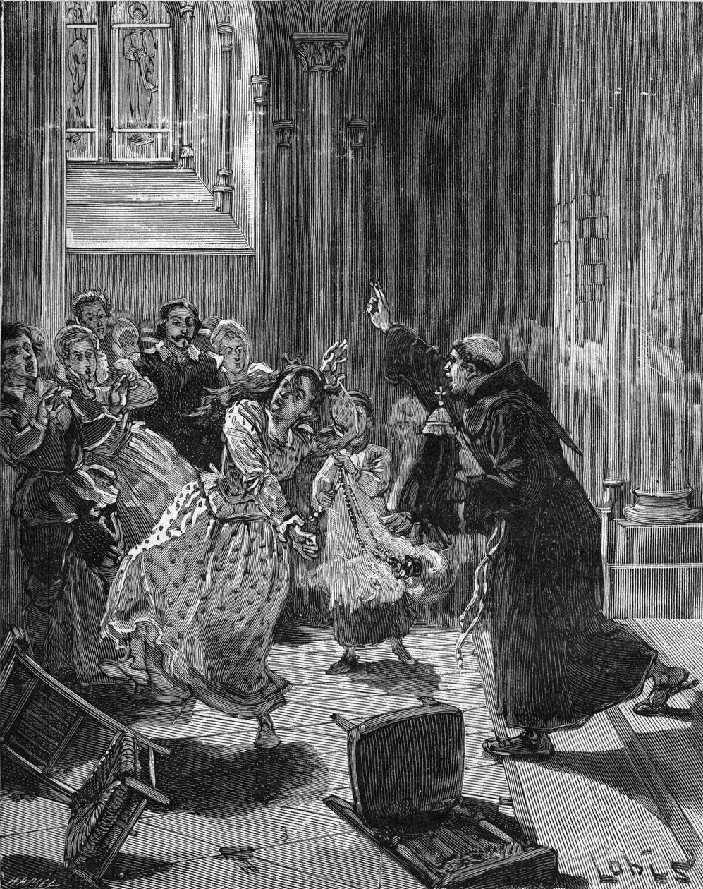 Paris, Church Sainte Genevieve (Sainte-Genevieve) (1599): a Capuchin monk trying to exorcise a woman, Martha, claiming to be possessed by the Devil. Engraving of the 19th century. In “Histoire de France” by Jules Michelet av Unknown artist