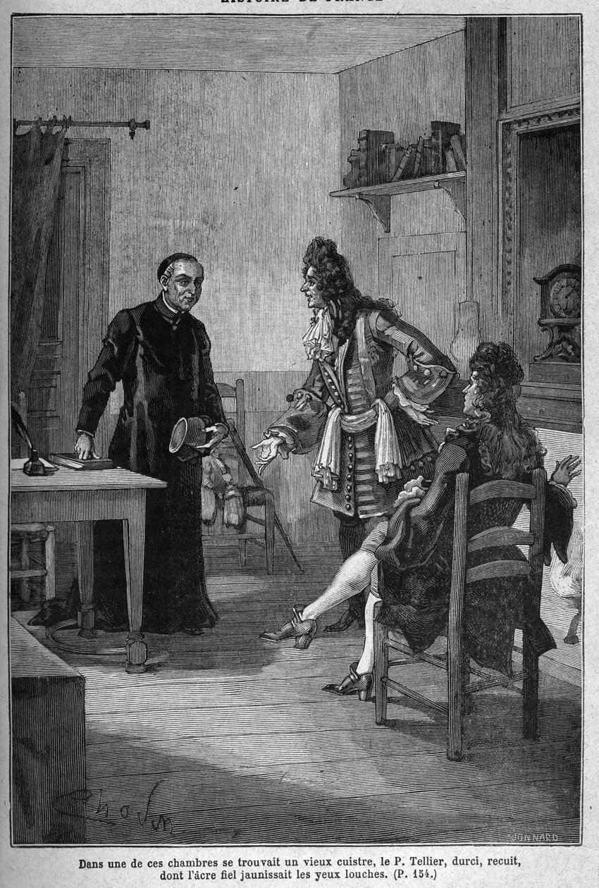Paris, Convent of the Jesuites (now Charlemagne College): Pere Michel Le Tellier (1643-1719), Jesuit confessor of the King of France Louis XIV. Engraving of the 19th century. In “Histoire de France” by Jules Michelet av Unknown artist