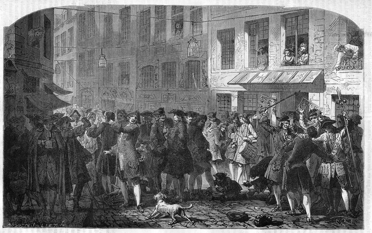 Paris IV arrondissement - Rue Quincampoix i 1720 under John Laws system (1671 - 1729) - "" Oppstyret på rue Quincampoix"" (konkurs forårsaket av lov) - Utsikt over rue Quincampoix med spekulantene på tidspunktet for systemet til John Law, av Unknown artist