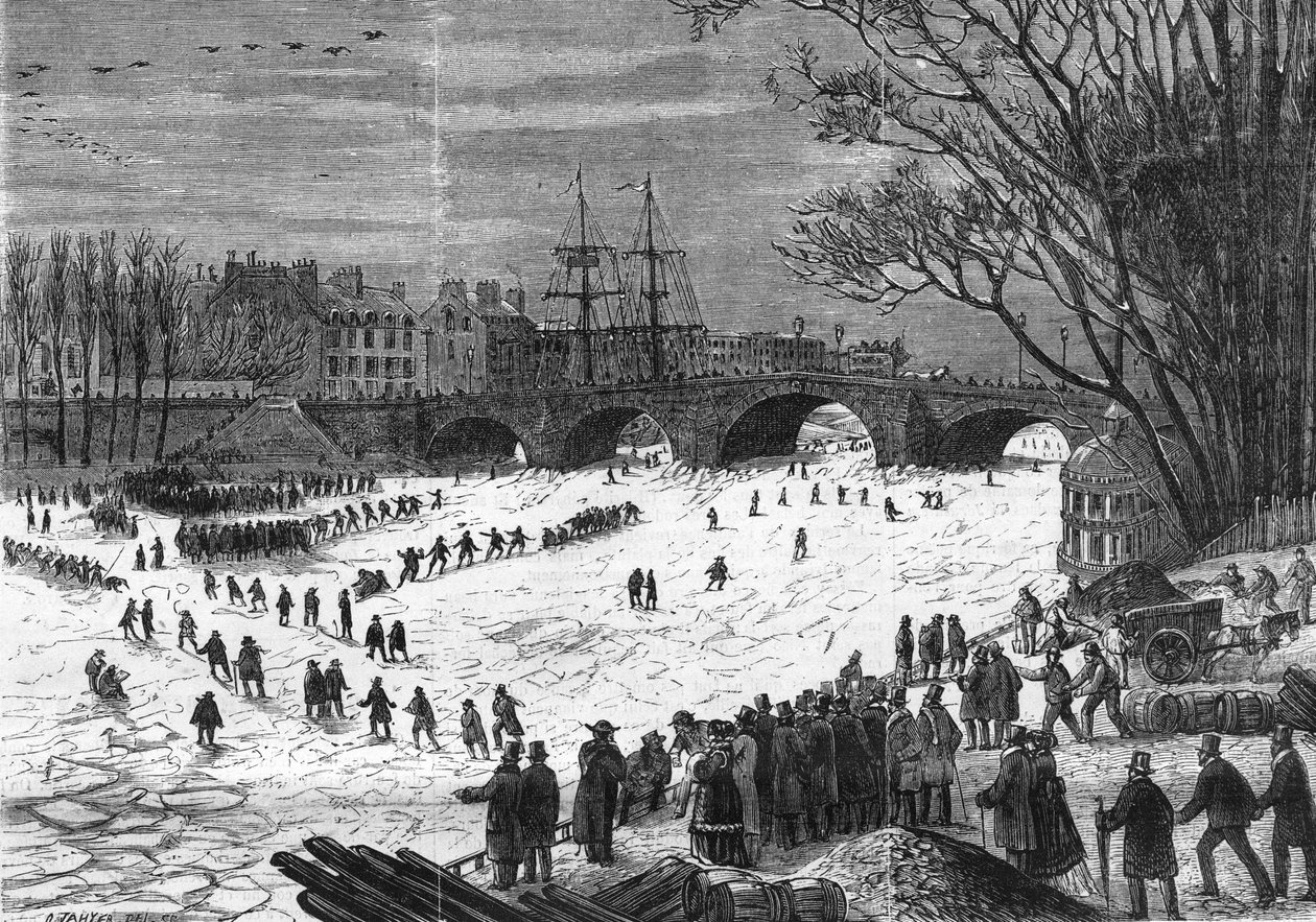 Paris januar 1868: La Seine fanget av isen på høyde med Pont - Neuf. av Unknown artist