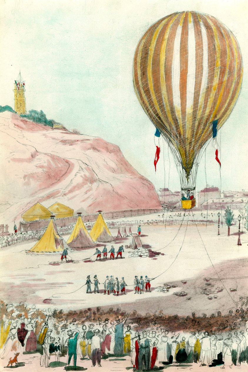 Paris hovedkvarter fra 1870: utsikt over en av ballongene som ble brukt til kommunikasjon med utsiden i Paris. Akvarell fra 1800-tallets privatsamling av Unknown artist