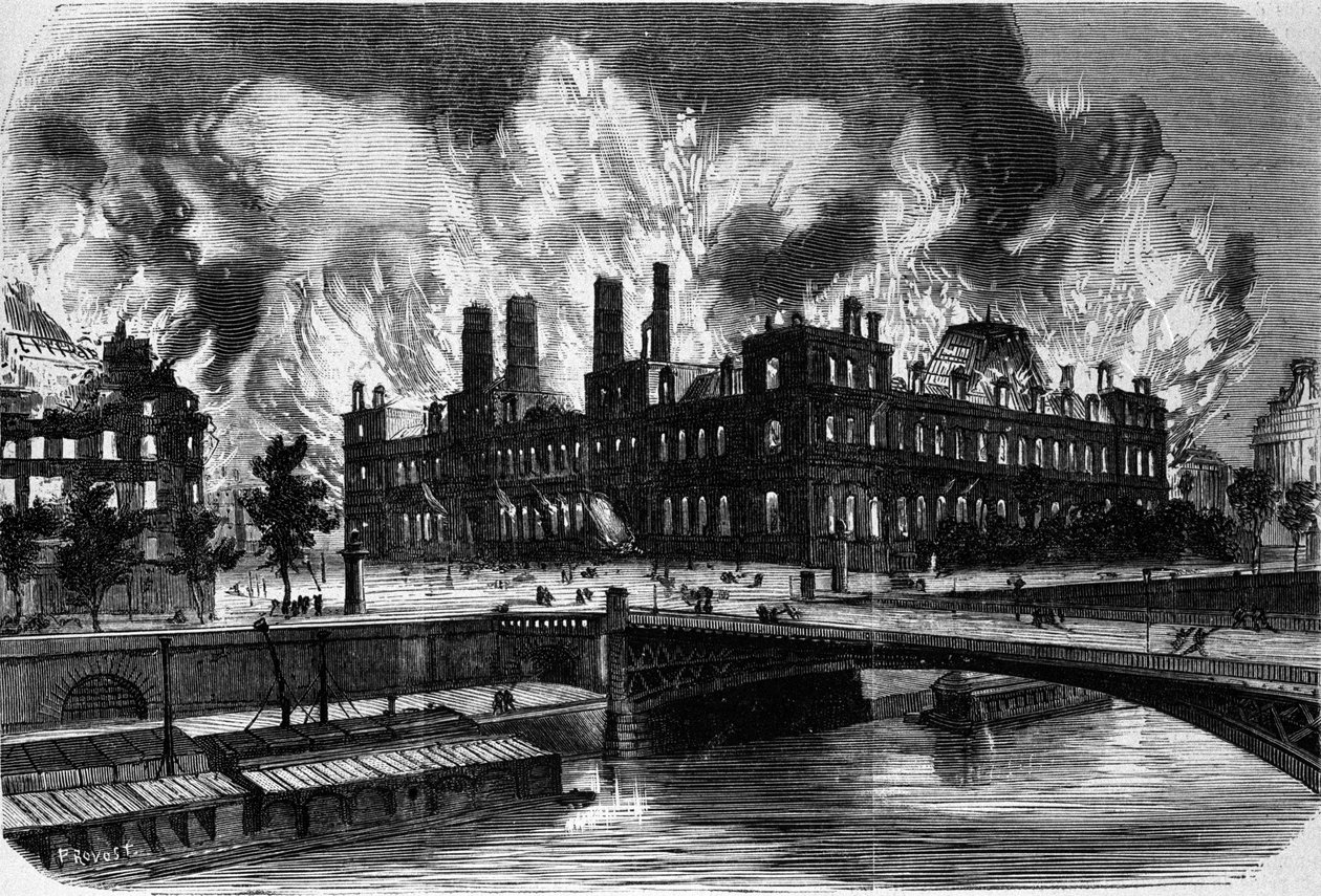 Paris, kommunen. Brann i Hotel de Ville 24. mai 1871. Gravering fra 1800-tallet. av Unknown artist
