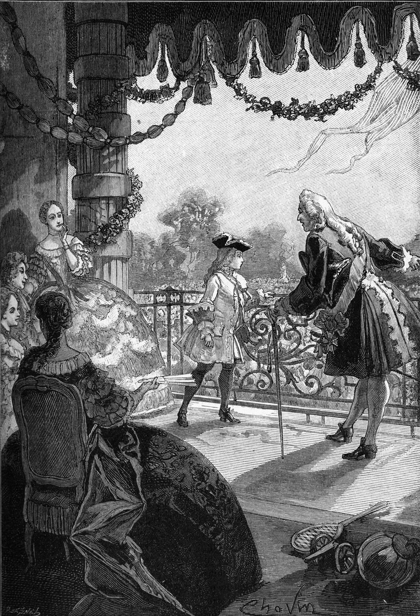 Paris, Tuileriene (1721): Kongen av Frankrike Ludvig XV (1710 - 1774) viser seg på balkongen til Tuileriene. Gravering fra 1800-tallet. I «Histoire de France» av Jules Michelet av Unknown artist
