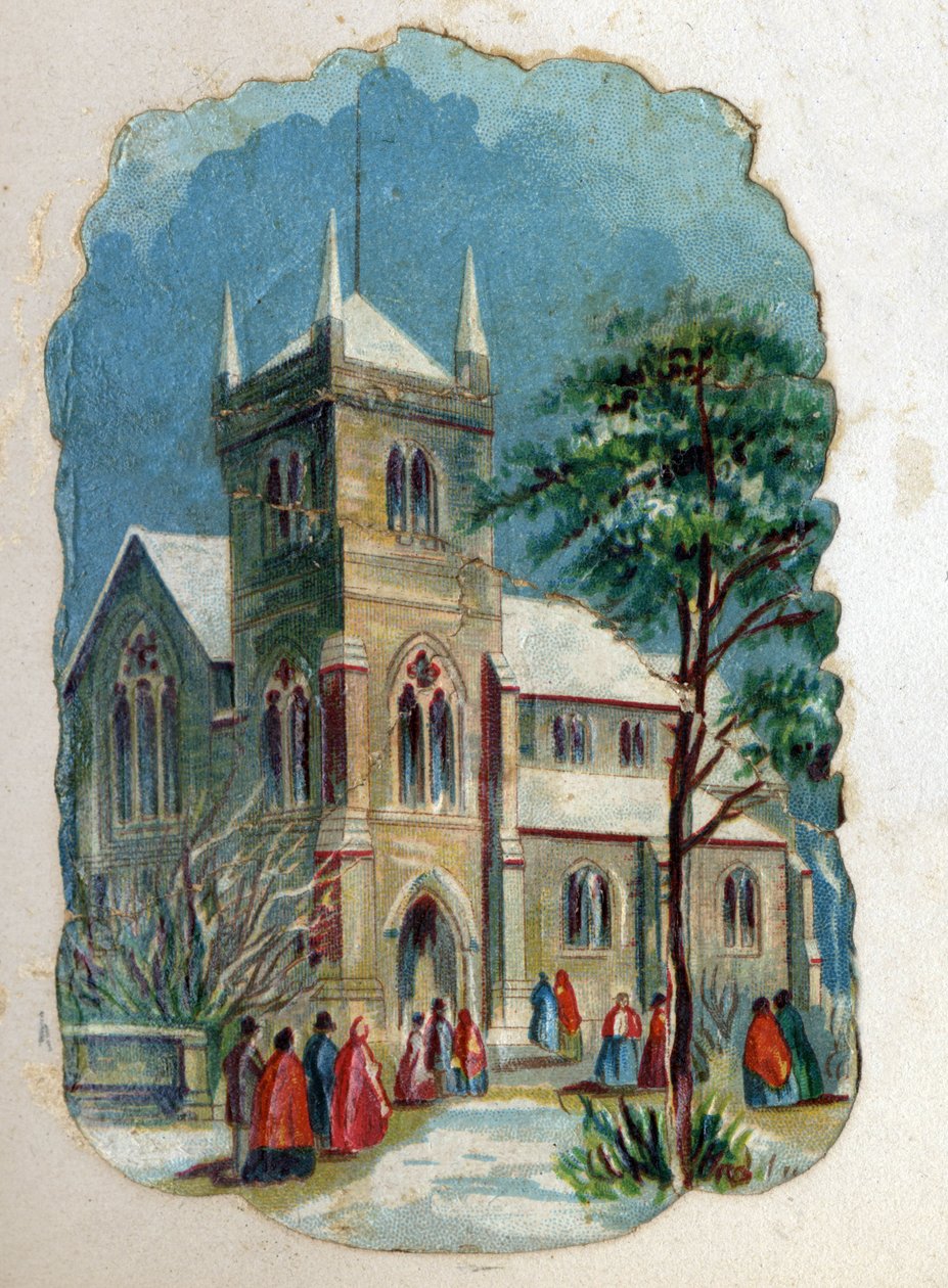 Parishioners going to a church for Sunday Mass. Chromolithography around 1890. av Unknown artist
