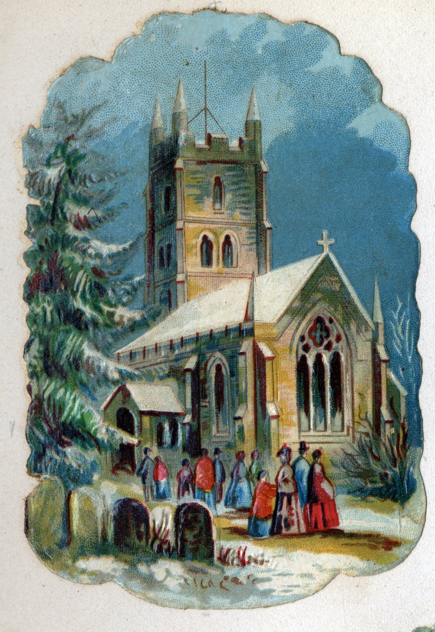 Parishioners going to a church for Sunday Mass. Chromolithography around 1890. av Unknown artist