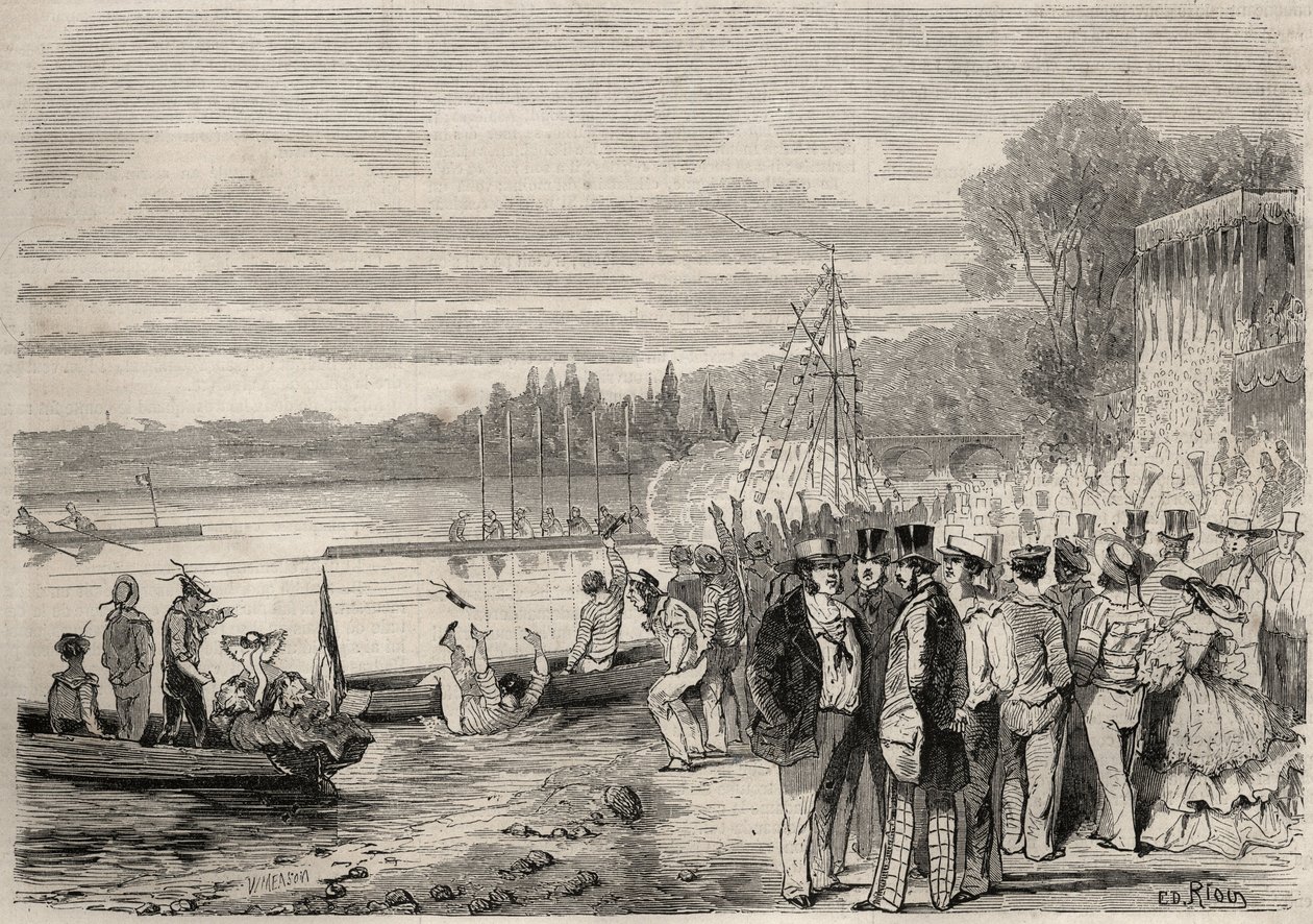 Parisiske kanopadlere. Regates de Saint-Cloud (Saint Cloud) i 1857. Gravering i «Le Monde illustrious»» fra 1857. Privat samling. av Unknown artist